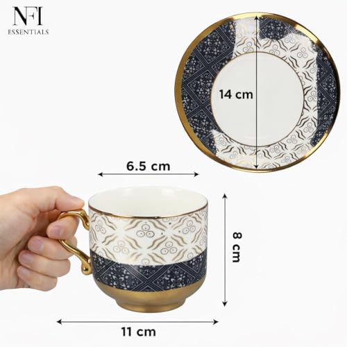 Image of NFI essentials Ceramic Cup & Saucer Set of 6 Pcs, Tea /Coffee Cup, Microwave & Dishwasher Safe, Premium Mug Perfect for Daily Use, Office, Gifting Elegant Golden Color Design 200ML