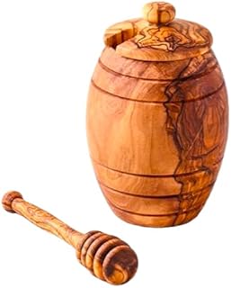 Kamsah Olive Wood Honey Pot - Honey Jar with Lid and Honey Wooden Dipper Stick - Rustic Handmade Bee Honey Container & Holder - 3.5 oz Empty 3 Piece Set for Home and Kitchen - Gift for Any Occasion