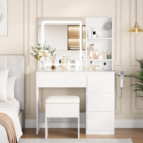 GarveeHome Vanity Desk with Mirror and Lights - Modern Makeup Dressing Table with Outlets, Storage Stool, 4 Drawers & Hair Dryer Holder - 3 Colors LED Vanity Mirror, Vanities for Bedroom, White