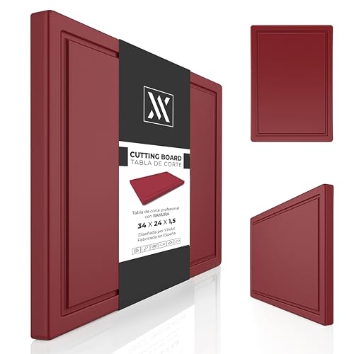 Planche à découper de cuisine avec rainure et patins antidérapants | Fabriquée en PE-HD résistant et antibactérien | Pour hacher et couper tous types d'aliments | 340 x 240 x 15 mm (Bordeaux)