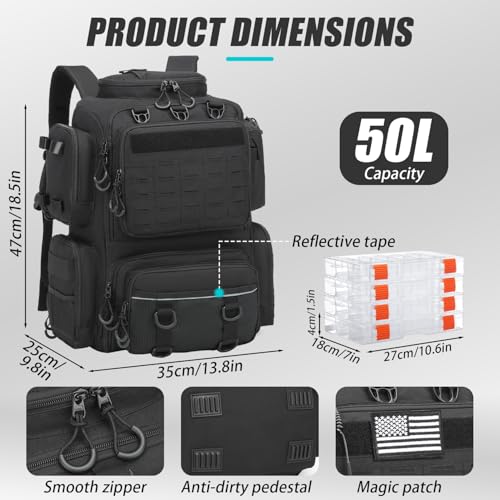 Image of Tactical Fishing Backpack with 4 Tackle Boxes, Rod Holders & Bottle Holder | 50 L Large Insulated Fishing Tackle Backpack with Cooler, Fishing Bag for Store Gear & Equipment