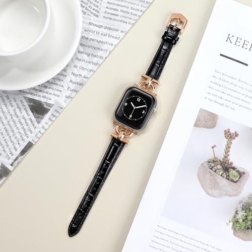 Image of Leather Band Compatible with Apple Watch Bands for Women, Dressy Fancy Strap for iWatch Series 11 /10 /9 /8 /7 /6 /5 /4 /3 /2 /1 /se(38mm 40mm 41mm 42mm,Black /Rose Gold)