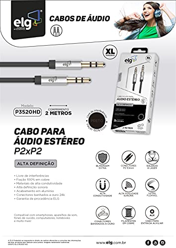 Cabo Auxiliar P2 x P2 de Áudio Estéreo Alta Definição 2m Preto - P3520HD ELG