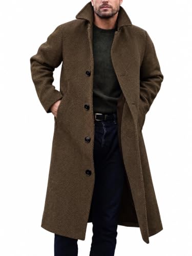Image of Runcati Mens Long Trench Coat Single Breasted Lapel Slim Fit Pea Coat