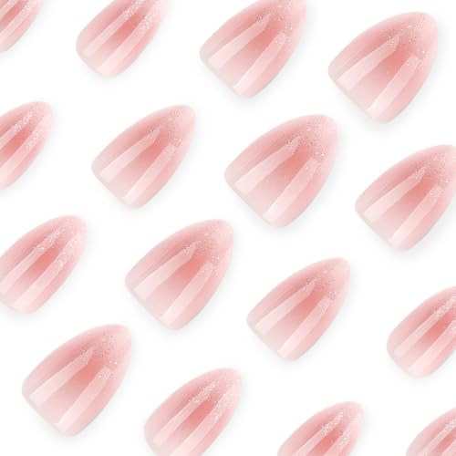 Image of Press on Nails Almond Nude Pink Gradient Fake Nails Glitter French Tip Nail | Glossy False Nail with Design Medium Length Stick on Nail for Women Reusable Artificial Nails for Daily 24Pcs