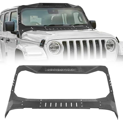 Madmax Windshield Frame Cover Compatible with 2018-2024 Wrangler JL & 2020-2024 Gladiator JT 2/4 Doors (Excluding JT Mojave), Roof Sun Visor Cowl Cover Body Armor with 100W LED Light