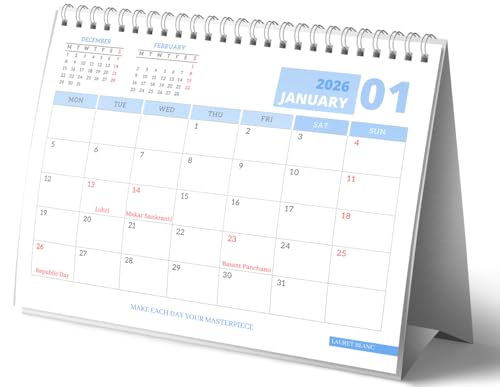 Image of LAURET BLANC Table Calendar 2026 - Size (7.5 inch X 9.25 inch), Monthly Grid View, Notes Section, Home and Office Desk Calendar (A5, E)