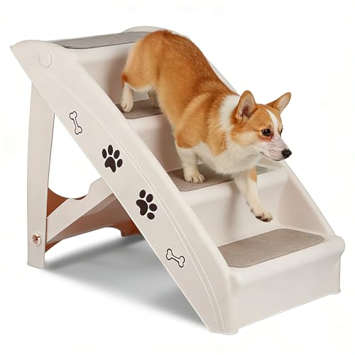 Pet Dog Stairs Foldable Nonslip Dog Steps for Small Pet Dogs Cats at Home and Vehicle Ramp Ladder for High Beds Sofa (Tan)