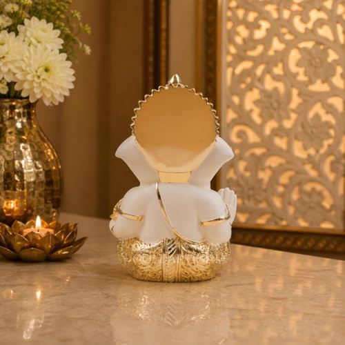 Image of Gold Art India Lord Ganesha Gold Plated Idol | Elegant Off White Finish | Premium Peacock Green Velvet Gift Box | Ganesh Murti for Home Temple, Office Desk & Car Dashboard | Spiritual Gift