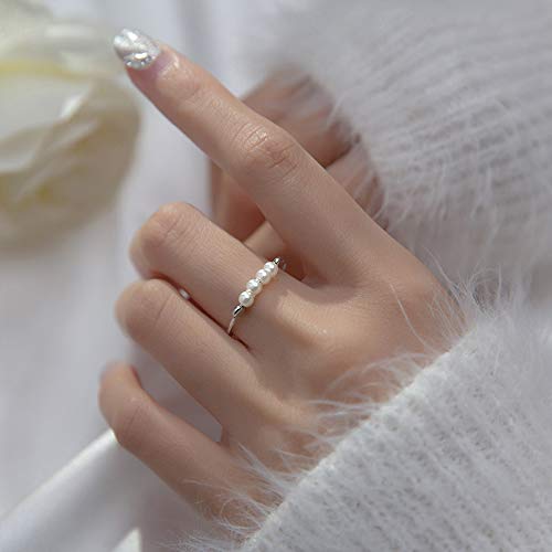 Dainty Pearl Sterling Silver Open Staking Ring for Women Elegant Ball Beads Spinner Fidget Anxiety Worry Adjustable Statement Promise Eternity Wedding Rings Tail Finger Band Cute Jewelry Gifts BFF2