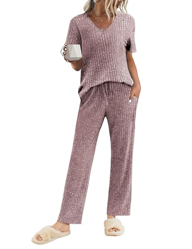 Ekouaer Schlafanzug Damen Rippen Pyjama Set Oberteil und Lang Hose Sleepwear Lila XXL