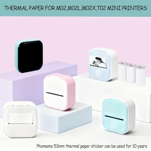 T02/M02X/M02L/M02S Nicht-klebe Papier für Mini-Drucker, 3 Rollen, 53 mm x 6,5 m, Haltbarkeit von 10 Jahren, Kompatibel mit Phomemo T02/M02X/M02L/Q02 Taschendrucker（Weiß）