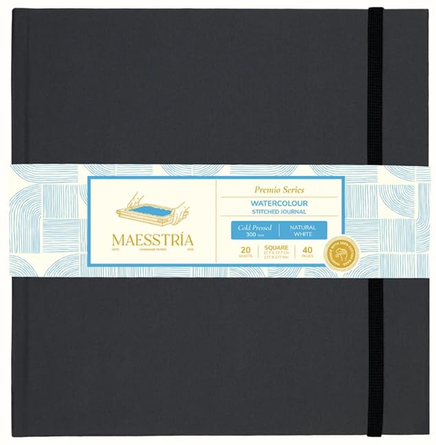 Maesstría Premio Hard Cover Watercolour Stitched Journals | Handmade with 100% cotton rags | 300 GSM | Natural White Sheets | Black Hard Cover (Texture: Cold Pressed | Paper Size - Square (17.7 cms x 17.7 cms))-image-11