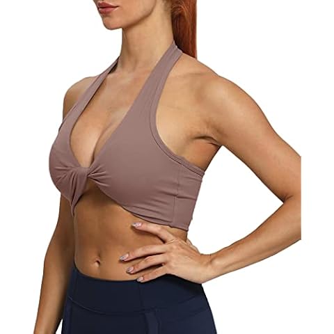 Aoxjox Women's Workout Sports Bras Fitness Backless Padded Ava Twist Halter Bra Yoga Crop Tank Top, Fudge Coffee, L Cover