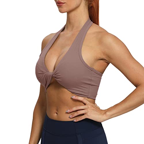 Aoxjox Damen Workout Sport BHs Fitness Rückenfrei Gepolstert Ava Twist Halfter BH Yoga Crop Tank Top, Fudge Coffee, X-Small Cover