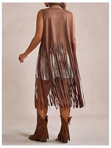 Women's Plus Size Western Fringe Vest Hippie Boho Tassel Suede Cowgirl Sleeveless Jackets 70s Outfits2