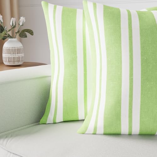 Image of Encasa XO Farmhouse Throw Pillow Covers Set of 2 (20x20 in) Franca Lime Stripes | Decorative Cushion Covers No Inserts | Plaid and Stripes Pillow Covers for Living Room, Couch