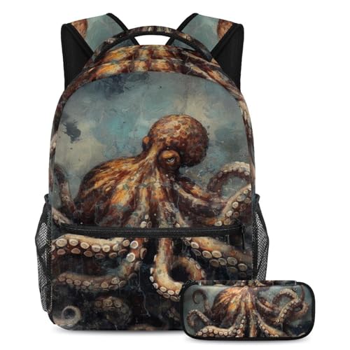 Sac d'école grande capacité motif hippocampe vintage multicolore 2 pièces