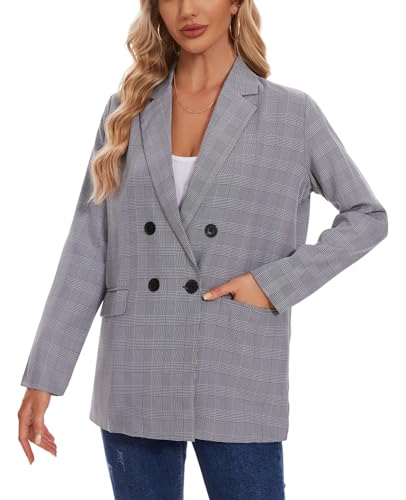 MINTLIMIT Women's Plaid Blazer Casual Long Sleeve Oversized Boyfriend Blazers Double Breasted Lapel Jacket with Pockets2