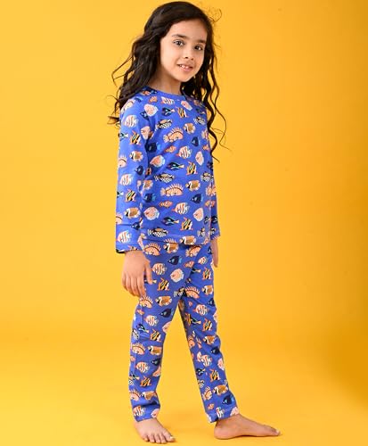 Image of ANTHRILO Summer Pyjama Set for Girls | 100% Cotton, Skin Friendly Fabric | Pyjama Set for Girls | Casual Wear | Fish Blue Girls Long Sleeve Pyjama Set - Blue 0-6 Months