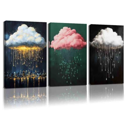 CCWORKERRY 3PCS Cloud Canvas Wall Art Pink Rain Cloudy Pictures