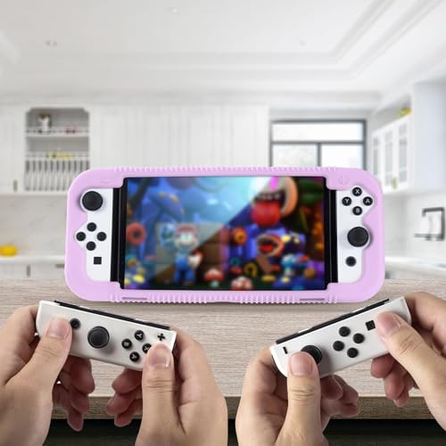 Teyomi Silicone Case Compatible with Nintendo Switch OLED Model 2021, Shockproof Protective Cover with Tempered Glass Screen Protector, Ergonomic Grip Case for Switch OLED, 2 Game Cards Slots (Purple) - Image 8