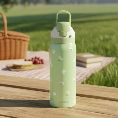 Image of Daisy Insulated Stainless Steel Water Bottle with Straw for Sports and Travel, 32oz Gifts for Women Girls Friends Teens Birthday Christmas (Green)