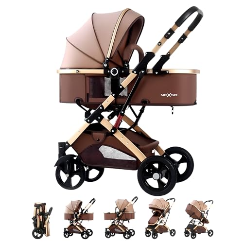 Nexso Lightweight Baby Stroller Aluminum Frame Easy Fold Adjustable Canopy Storage Basket Smooth Lockable Wheels Brown