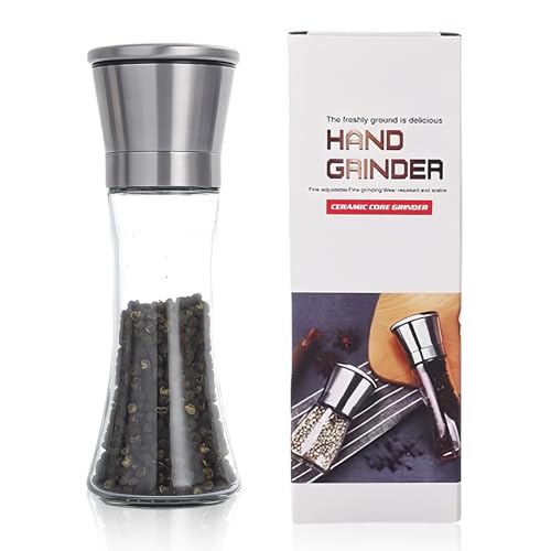Salt and Pepper Grinder Bottles Adjustable Coarse and Fine Salt Glass Containers Large-Capacity Stainless Steel Reusable Manual Spice and Pepper Grinder