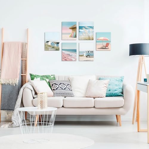 Image of CHDITB Coastal Beach Pastel Framed Canvas Wall Art, Ocean Summer Scenery Artwork, Boho Seaside Cottage Wall Decor, Pink Sand Wave Beach Hut Art Prints For Living Room Bedroom Decor 8 inchx10 inchx6