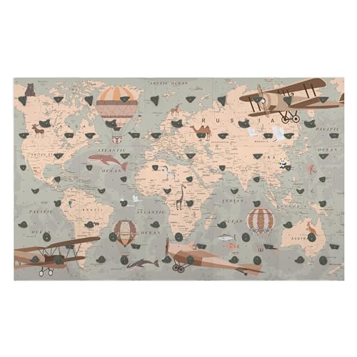 Hopahopa - Rocódromo Infantil - Juego de Interior para Niños - con 75 Presas de Escalada, 15 Paneles de Pared de Contrachapado de Abedul - Dimensiones 225x375 cm - Mapa del Mundo con Fondo Gris