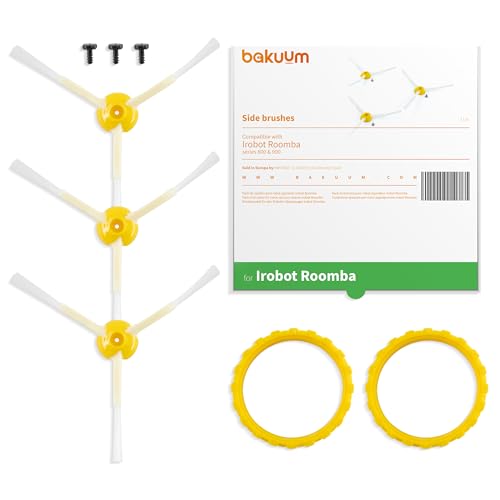 BAKUUM Pack de 3 Cepillos laterales con 3 Tornillos y 2 neumaticos amarillos para iRobot Roomba Series 800 y 900. Escobillas con cerdas ultra duraderas