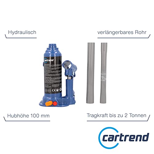 cartrend hydraulischer Wagenheber, Stockwagenheber, Stempel-Wagenheber, Tragkraft bis 2000 kg, gefertigt aus Qualitätsstahl & Unterstellbock, 2 Tonnen Traglast, höhenverstellbar von 278 mm bis 366 mm