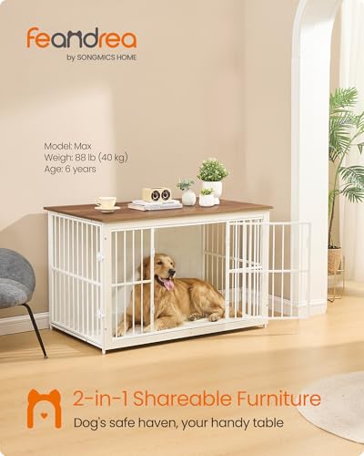 Image of Feandrea Wooden Dog Crate Furniture, 48 Inches Heavy-Duty Kennel for Dogs up to 110 lb, with Double Doors and Enclosed Wood Base, Modern Pet Cage End Table Indoor, Rustic White and Honey Brown