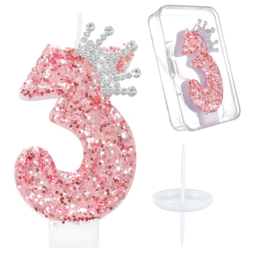 Ceya Number 3 Birthday Candles,Pink Crown Candle for Cake Topper