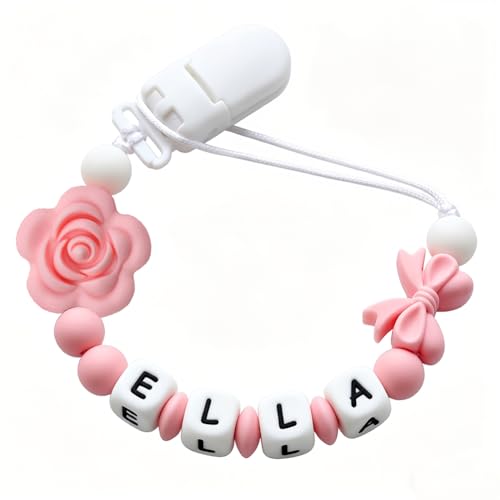 Image of Personalized Pacifier Clip with Name,Silicone Pacifier Clip with Flower Bow for Baby Handmade Pacifier Holder Fits All Pacifiers