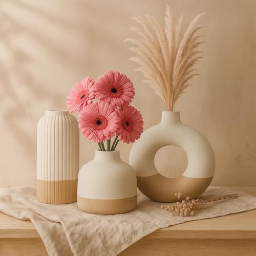 Image of SPHINX Modern Ceramic Vase Set of 3 | Ribbed 6 Inch Vase, Donut 6 Inch & 4 Inch Small Vase | Neutral Cream Sand Design | Home Decor, Table Decor, Flowers, Pampas