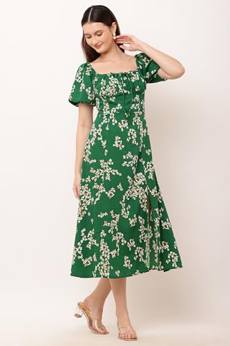 Image of Animal Print Tie-Up Neck Puff Sleeve Crepe A-Line Midi Dress