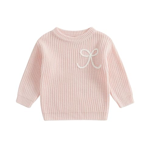 Little Girl Fall Sweater Bowknot Embroidery Long Sleeve Crew Neck Chunky Knitwear Pullover