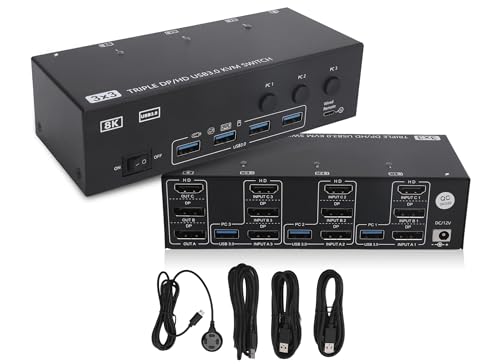Annadue 3x3 Triple HD USB3.0 KVM Switch Support 8K 60Hz 4k 144Hz Triple Display KVM Switch with Cable Remote Control, for 3 PCs Sharing 3 Monitors and 4 USB 3.0 Devices. (GB Plug)