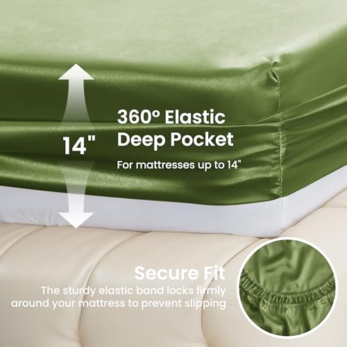 Image of Love's cabin Satin King Sheet Sets - 4 Piece Sage Silky Sheets King Size Bed Set with Deep Pocket, Luxury Silk Feel King Size Satin Sheet Set (1 Flat Sheet,1 Fitted Sheet,2 Pillow Cases)