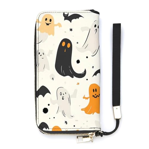 Halloween Ghosts Cats Bats Women's Leather Clutch Wallet with Zip Card Holder Hand Strap Large Capacity