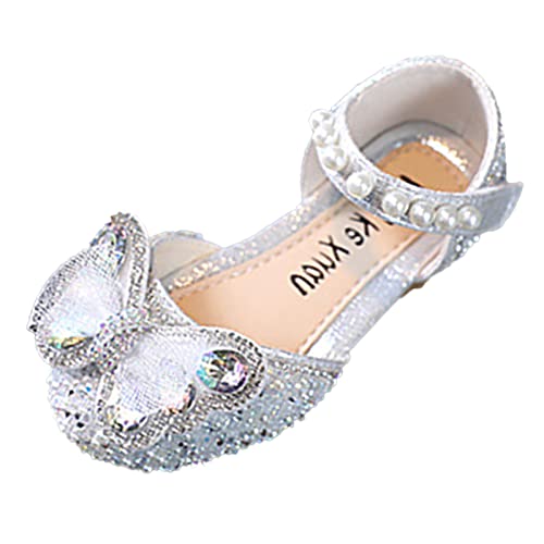 Girls White Dress Shoes Fashion Spring and Summer Girls Sandals Dress Performance Dance Shoes Mesh Rhinestone Bow Hook (Silver-2, 11.5 Little Child)