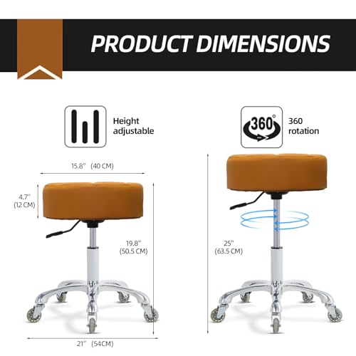 Image of Ainilaily Rolling Stool with Wheels Adjustable Height, Roller Stool for Massage Medical Tattoo Spa Heavy Duty Swivel Desk (Super Thick Cushion, Camel)