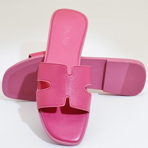 Image of Women's Flat Sandals, Ladies Leather Slippers, Comfy Dressy Slip on Shoes Elegant Slides Summer Fall Spring Cute Open Toe Casual Footwear