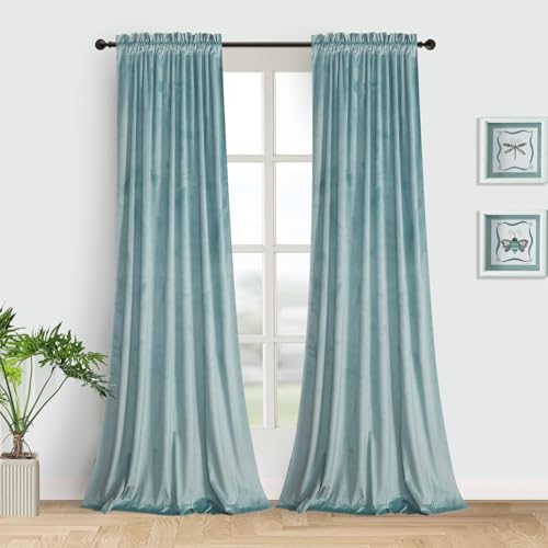 Roslywood Eggshell Blue Velvet Curtains 84 inches - Luxury Decor Blackout Thermal Insulated Sliding Door Curtains Drapes with Dual Rod Pocket for Living Room, Eggshell Blue, W52 x L84, 2 Panels