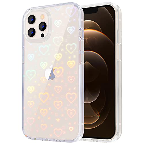 Tksafy Case for iPhone 12 Pro Max Case, Clear Glitter Cute Laser Holographic Love Heart Pattern for Women Girls, Anti-Scratch Hard PC Protective Phone Cover for iPhone 12 Pro Max, Rainbow Heart