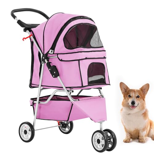 BestPet 3 Wheels Pet Dog Stroller Cat Cage Jogger Stroller Cats Travel Folding Carrier Waterproof with Cup Holder &amp; Removable Liner,Pink