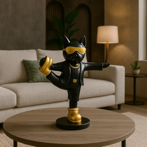 Image of Xtore Fashion Cat Figurine | Black Suit Gold Sunglasses Decor | Unique Home Office Decor | Novelty Statue | Modern Desk Shelf Accessory - Black