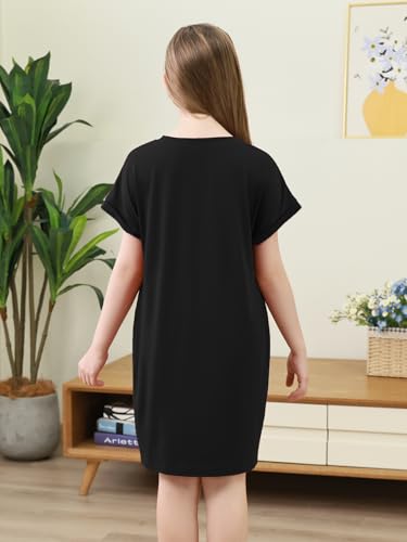 GORLYA Girls Short Sleeve A-Line Loose Casual Shift Swing Summer T-Shirt Dress with Pockets 6-16Y2